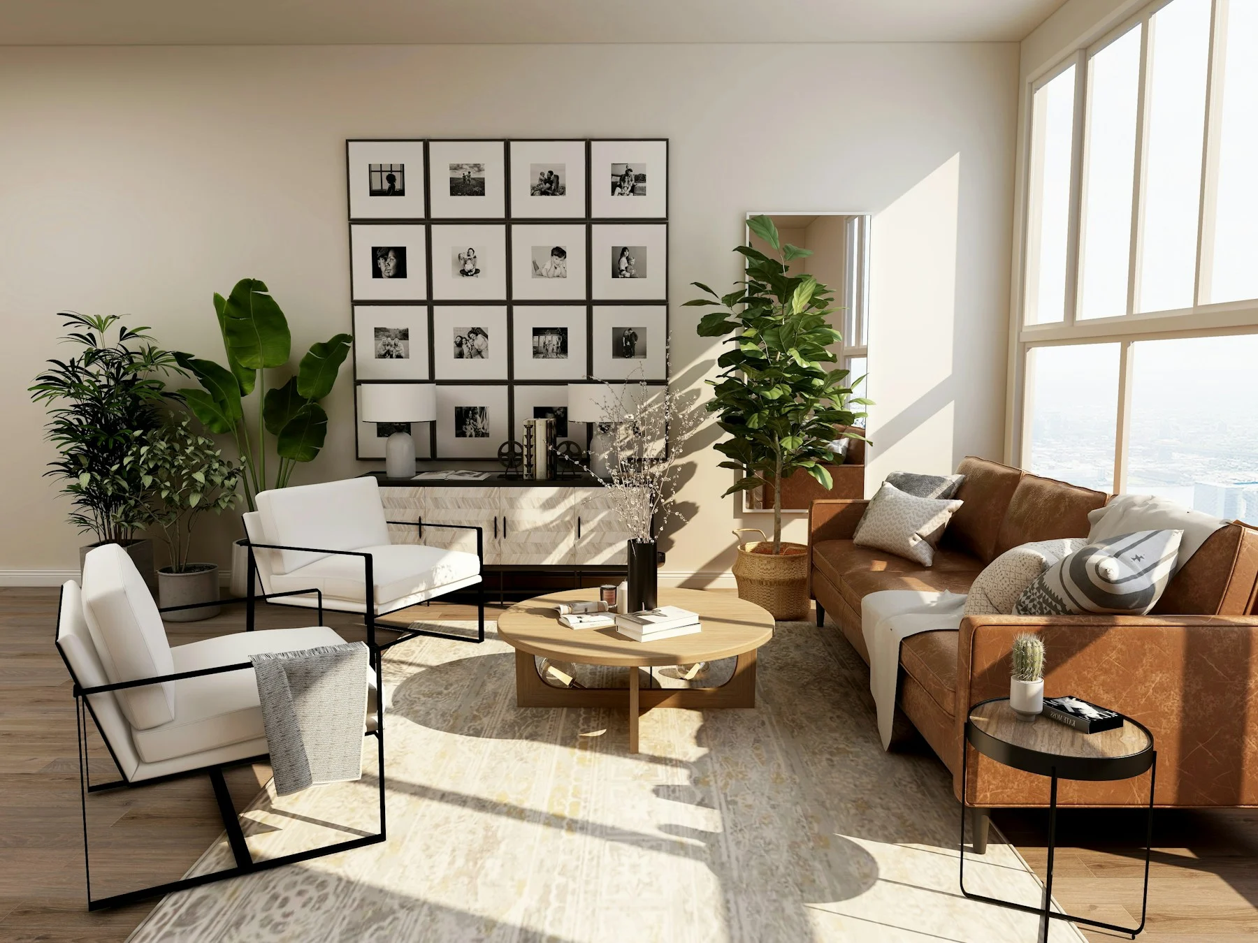 Sunlight across a living room with natural wood and linen