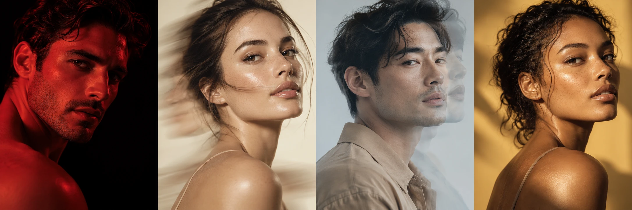 Four editorial beauty portraits in crimson, ivory, pale blue and amber light